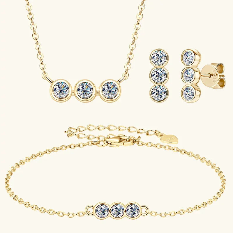 3mm Moissanite Jewelry Sets Real 925 Silver for Women 3 Stones Pendant Necklace Stud Earrings Set - Empire P.E