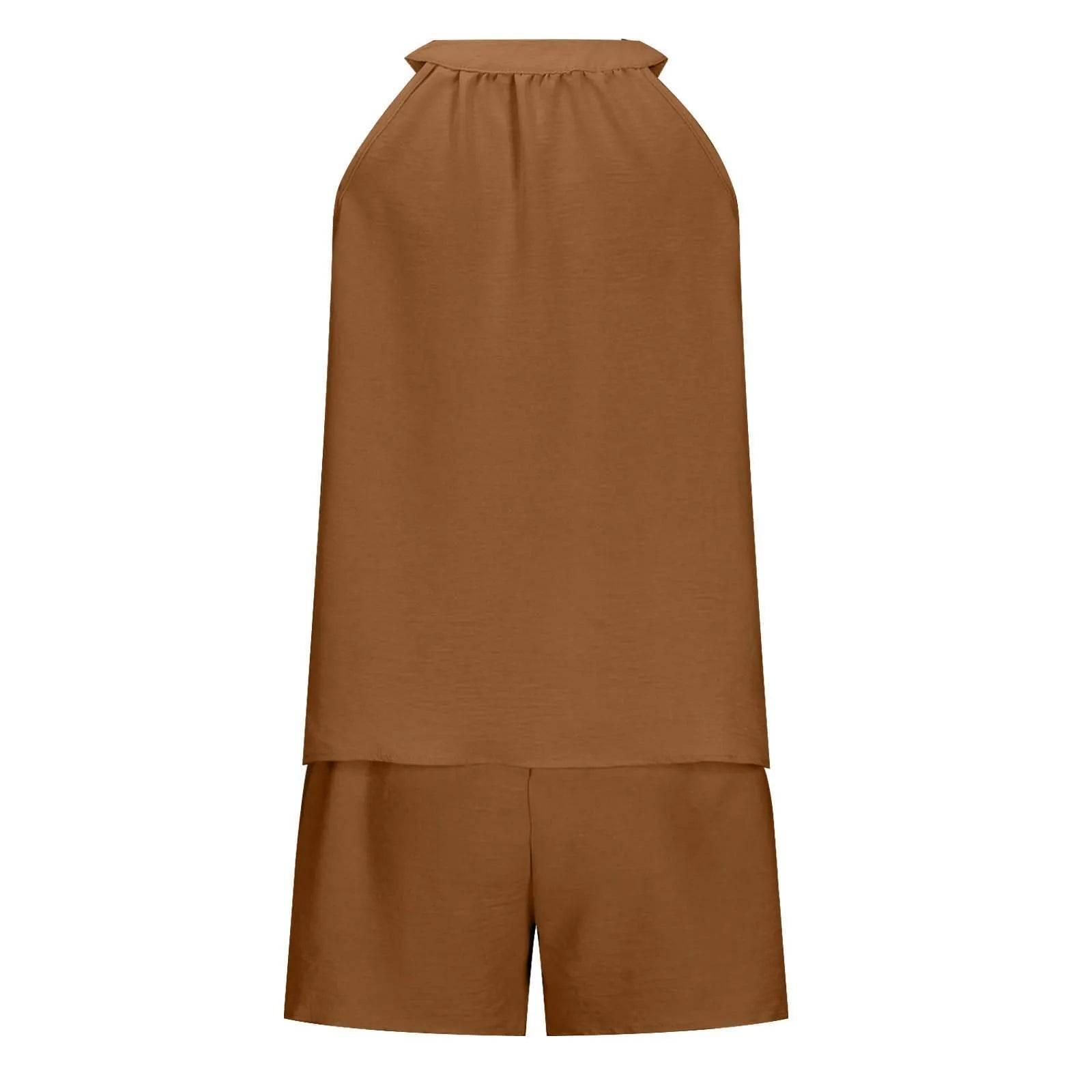 Women'S Summer Casual Suit New Urban Casual Women'S Solid Color Sleeveless Vest Elastic Shorts Home Clothes Two-Piece Set - Empire P.E