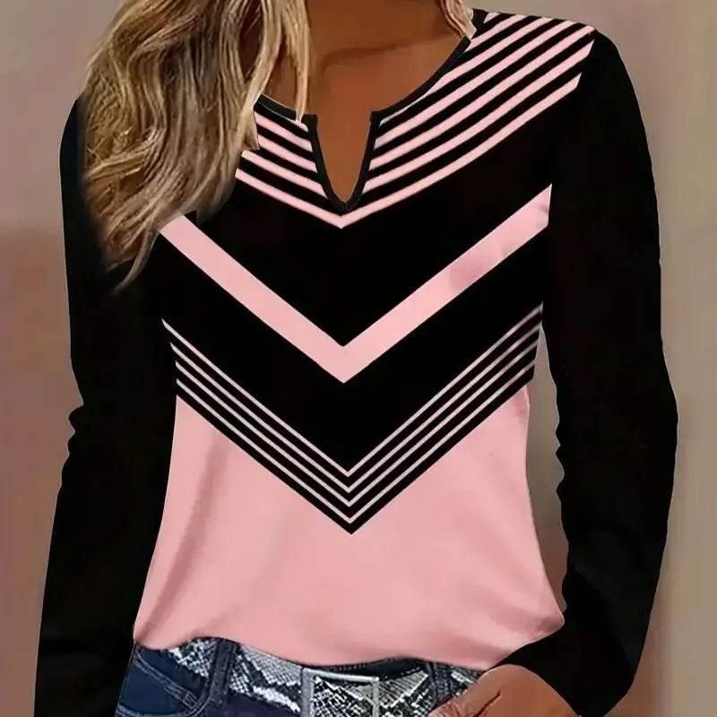 Women's Plus Size Fashion T-Shirt - Stylish Geometric Print V-Neck Long Sleeve Casual Top in Black and Pink - Empire P.E