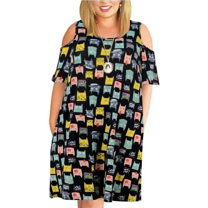 9XL Plus Size Cold Shoulder Dresses Summer Casual Loose Dress Short Sleeve Tie Dye Gradient 3D Print Sundress Large Size Dresses - Empire P.E