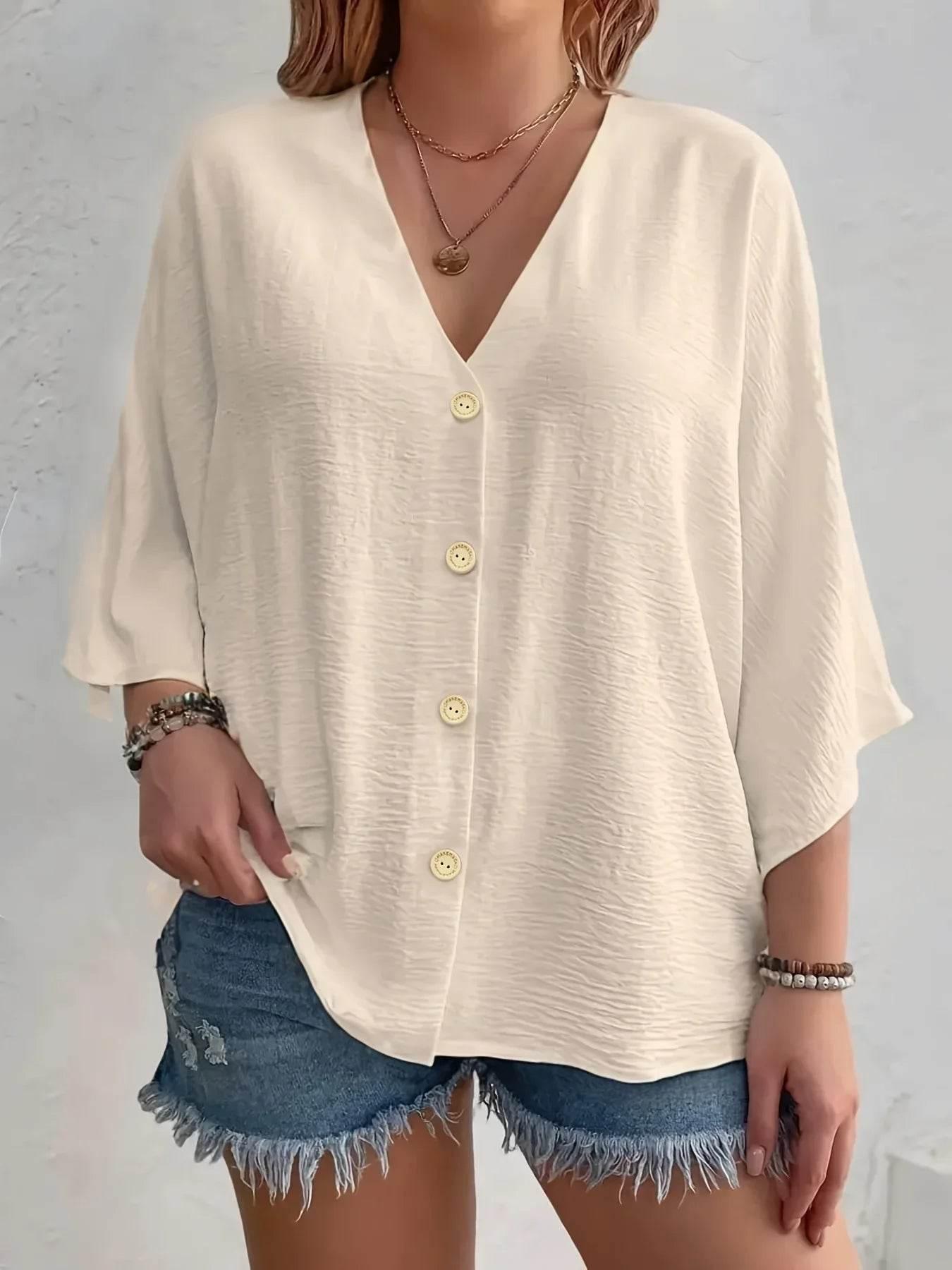Women's Plus-size T-shirt Solid Color Breathable Spring/summer V-neck Button Travel Casual Wear with European and American Style - Empire P.E