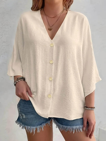 Women's Plus-size T-shirt Solid Color Breathable Spring/summer V-neck Button Travel Casual Wear with European and American Style - Empire P.E