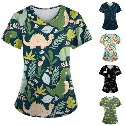 Print Ladies Nurse Uniform Short Sleeve V-Neck Scrub Tops - Empire P.E