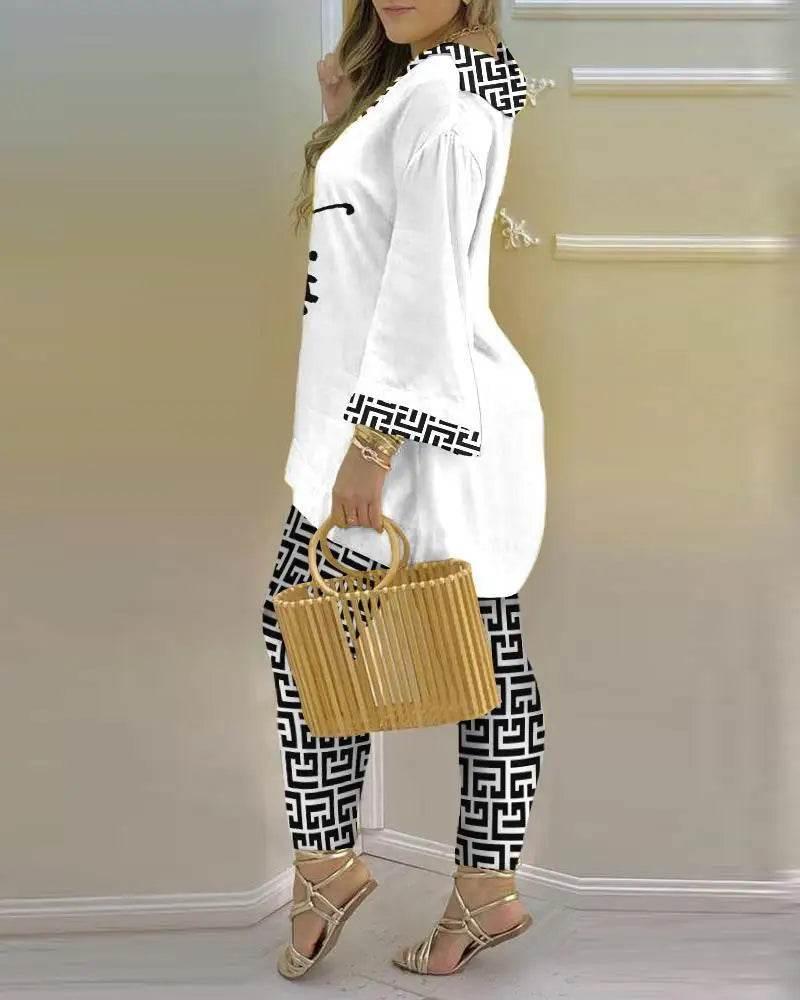 Women Print V Neck Tops Pant Sets Full Sleeve Pullover Two Piece Suit Elastic Waist Trousers Splice Shirts Autumn Regular Fit - Empire P.E