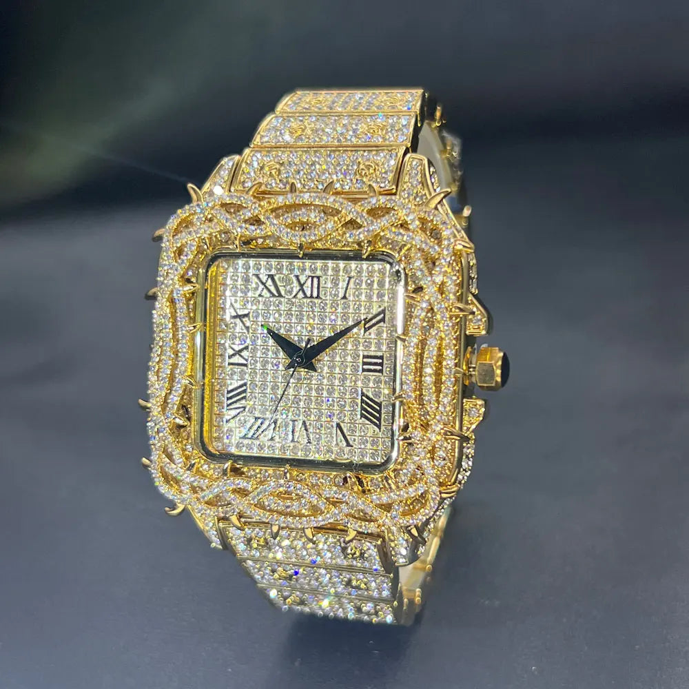 Men's Fashion Luxury Gold Square Diamond  Watches