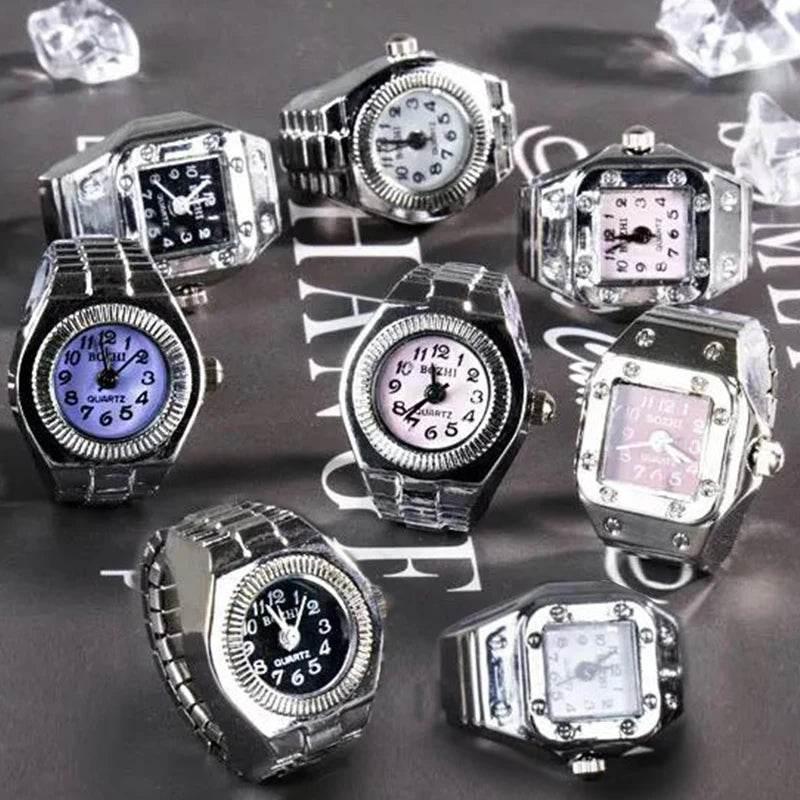 Vintage Punk Finger Watch Mini Elastic Strap Alloy Watches Couple Rings Jewelry Clock Retro Roman Quartz Watch Rings Women Men - Empire P.E