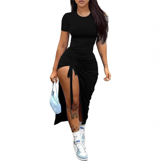 Women's fashion, sexy, slim fit, solid color pleated, split drawstring dress - Empire P.E