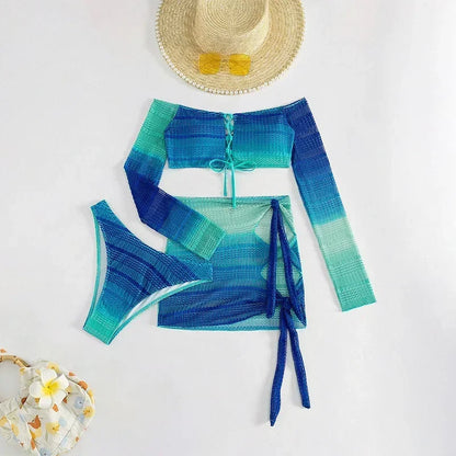 Blue Long Sleeve Swimsuit Bikinis 3 Piece Set