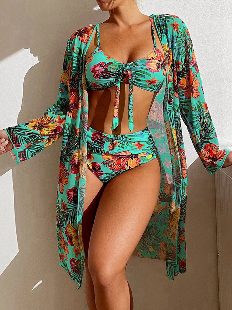 2025 Women's Sexy High Waist Bikini 3 Pieces Floral Print Swimsuit