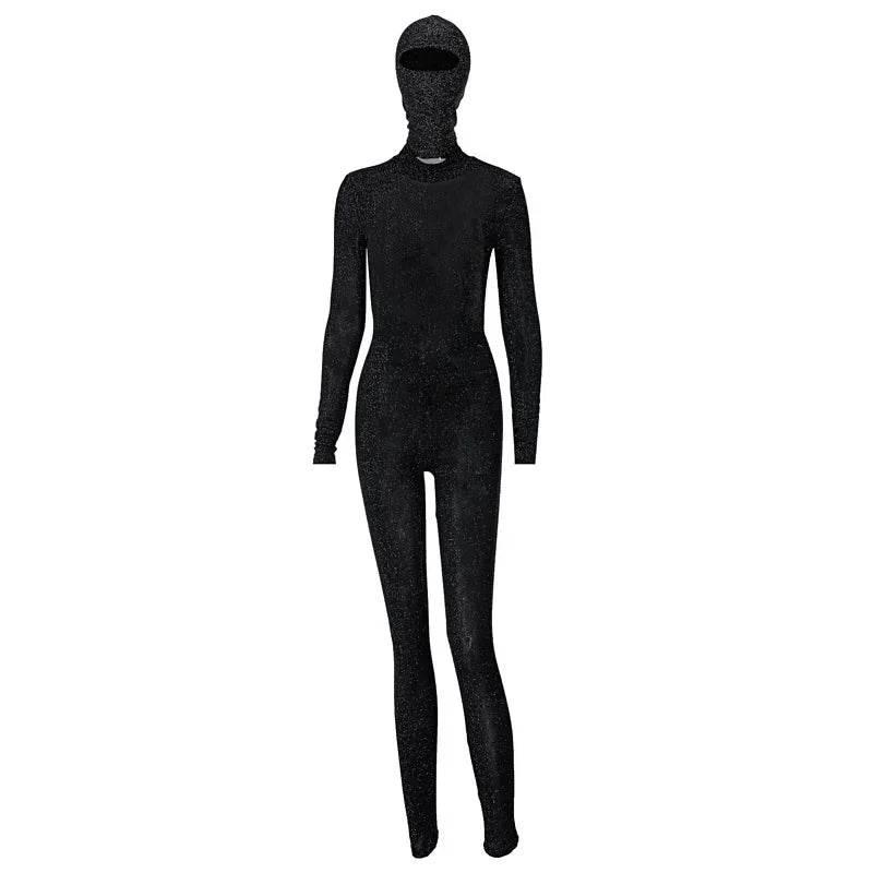Sequins Silk Jumpsuits With Headwear 2024 Autumn Women Sexy Turtleneck Backless Long Sleeve Skinny Overalls Party Club Rompers - Empire P.E