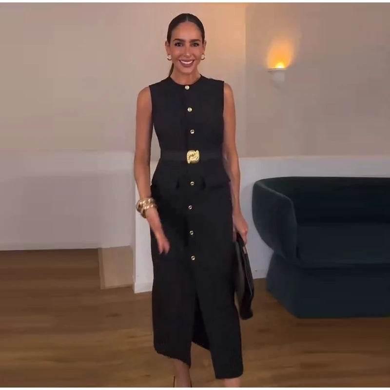 Black Long Dress Women With Belt Elegant Slim Single Breasted Sleeveless Front Split Dresses Female 2025 New Summer Lady Vestido - Empire P.E