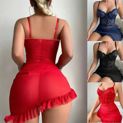 Transparent Underwire Bra Erotic Set Sexy Fairy Lingerie Women's See Through Lace Nightdress Pajamas Sets Delicate Sexy Nighty - Empire P.E