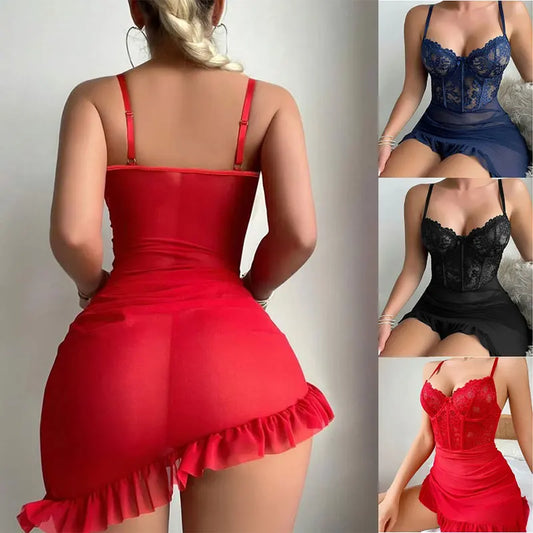 Transparent Underwire Bra Erotic Set Sexy Fairy Lingerie Women's See Through Lace Nightdress Pajamas Sets Delicate Sexy Nighty - Empire P.E