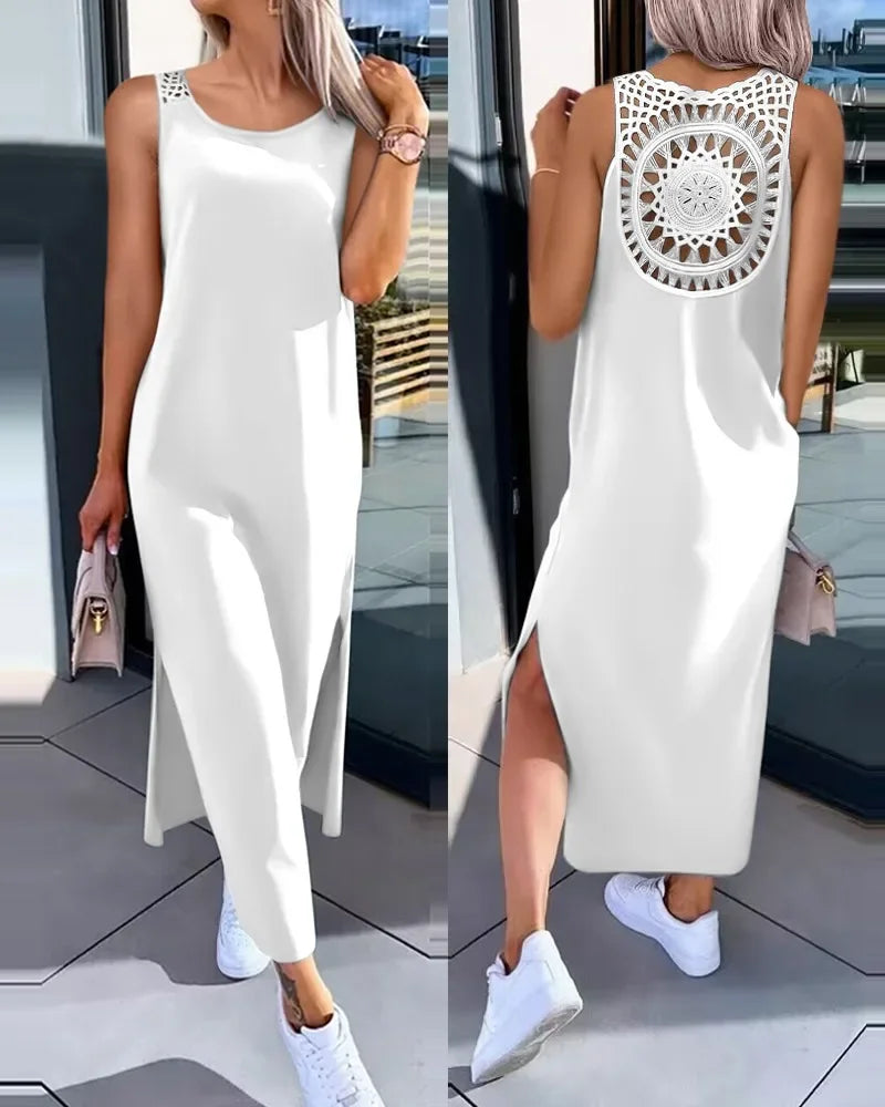 Hollow Out Solid Long Dress Women Fashion Sleeveless - Empire P.E