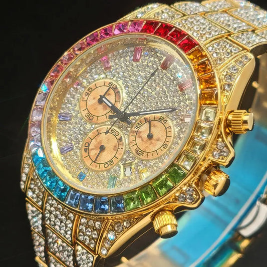 Men's Hip Hop Rainbow Diamond Shiny Jewelry Fashion Gold Watch