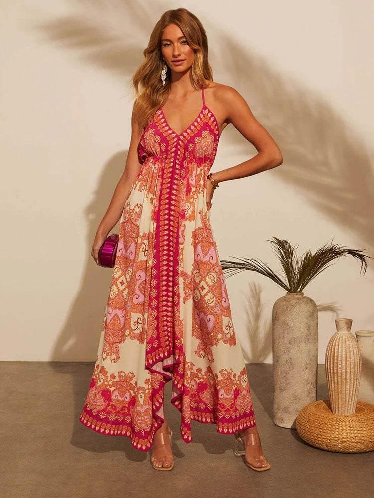 Women's Summer V-neck Halter Bohemian Floral Long Dress,Women Clothing,Red Dress,Sexy Dress Women,Sundress,Beach Dresses - Empire P.E