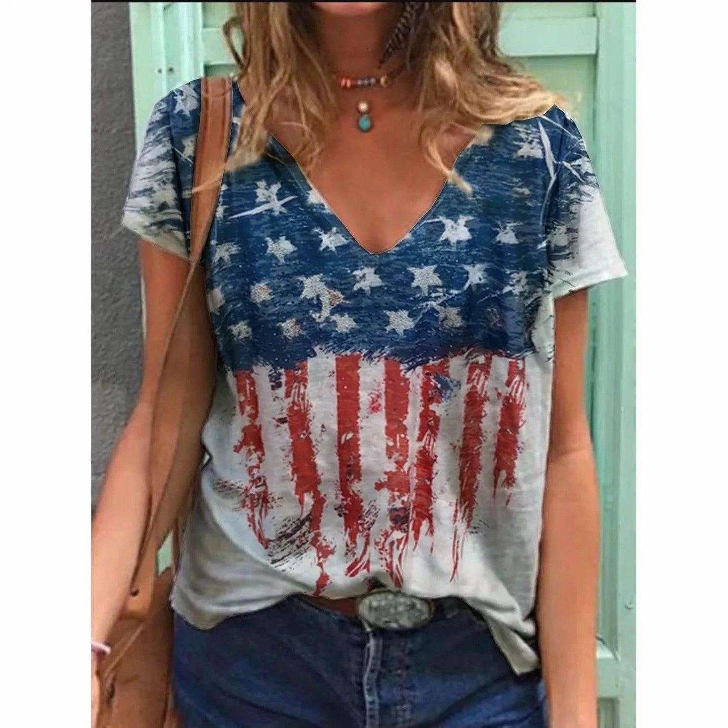 Fashion Women's T Shirt USA Flag Print Harajuku T-shirt Summer 2023 Top Kawaii Tees V Neck Pluse Size American Lady Y2k Clothing - Empire P.E