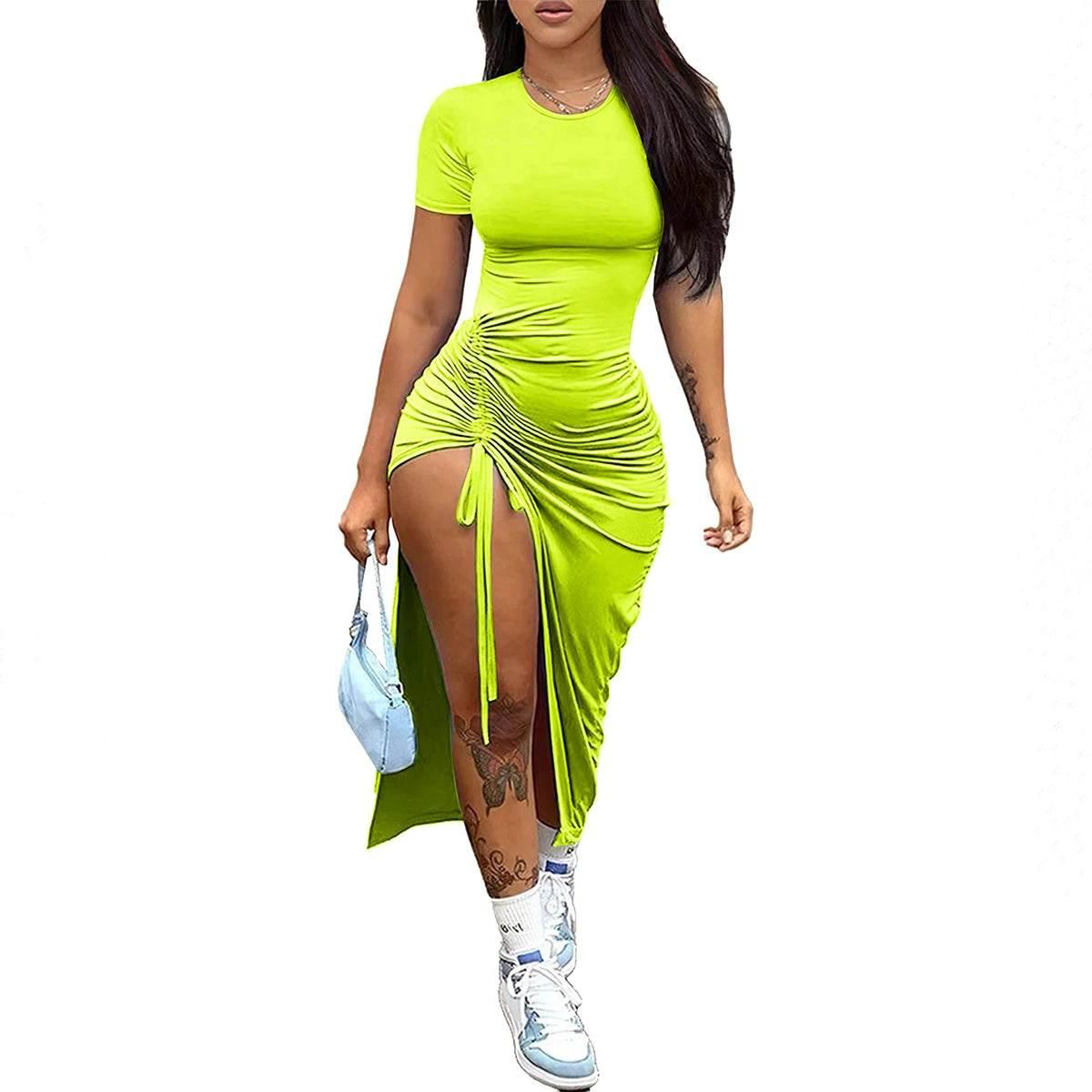 Women's fashion, sexy, slim fit, solid color pleated, split drawstring dress - Empire P.E