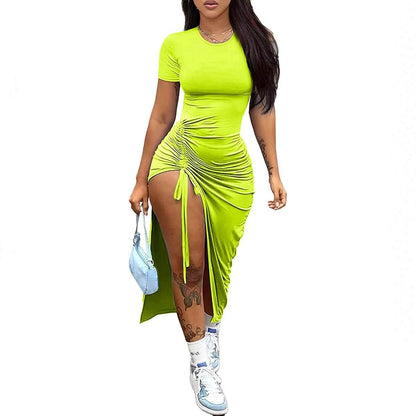 Women's fashion, sexy, slim fit, solid color pleated, split drawstring dress - Empire P.E