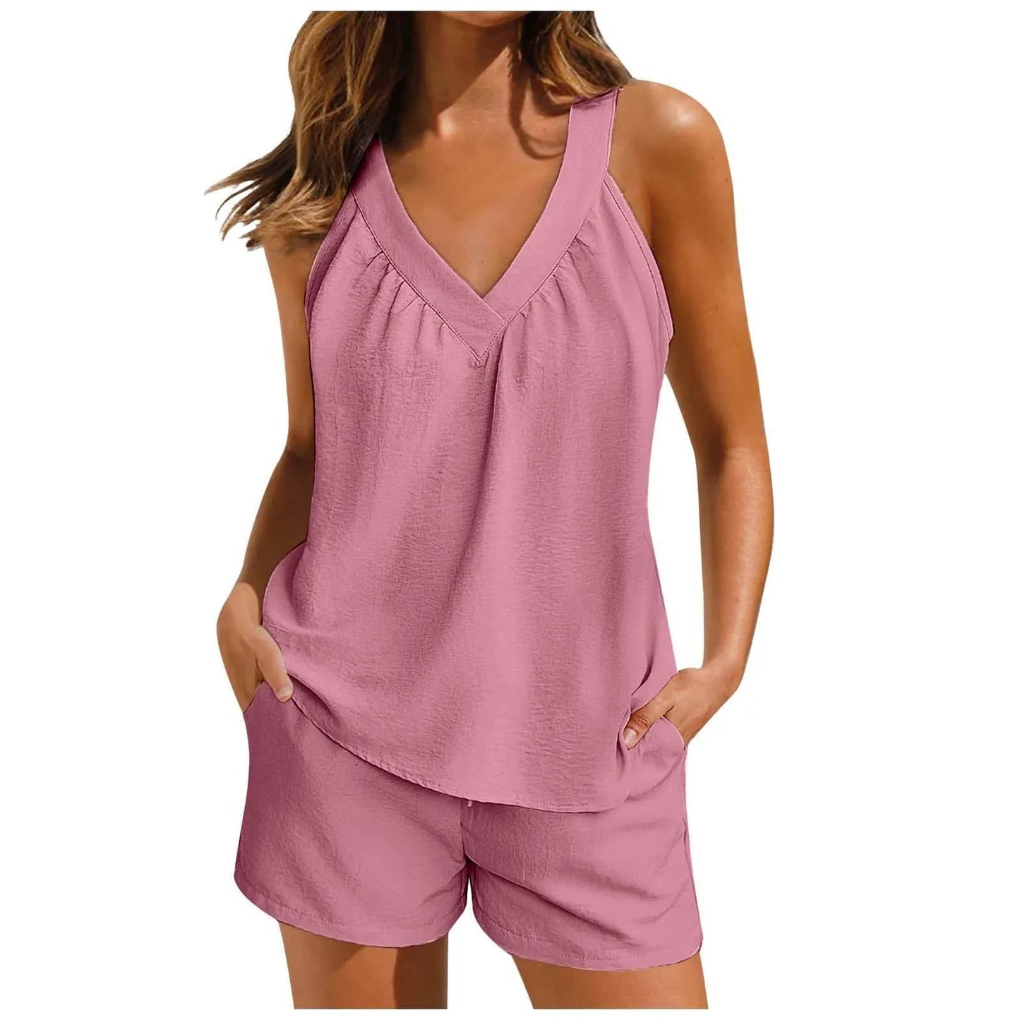 Women'S Summer Casual Suit New Urban Casual Women'S Solid Color Sleeveless Vest Elastic Shorts Home Clothes Two-Piece Set - Empire P.E