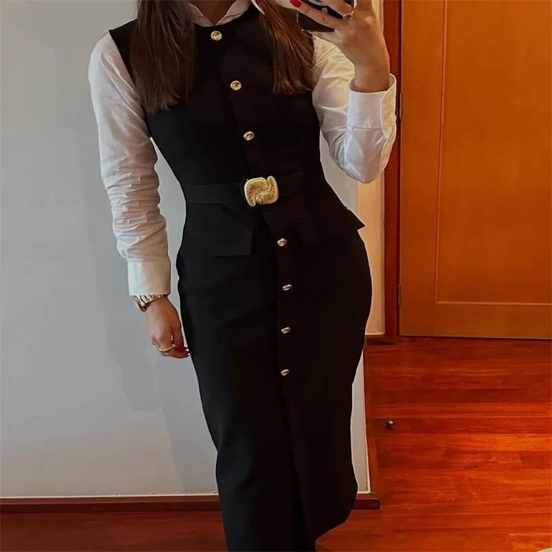 Black Long Dress Women With Belt Elegant Slim Single Breasted Sleeveless Front Split Dresses Female 2025 New Summer Lady Vestido - Empire P.E