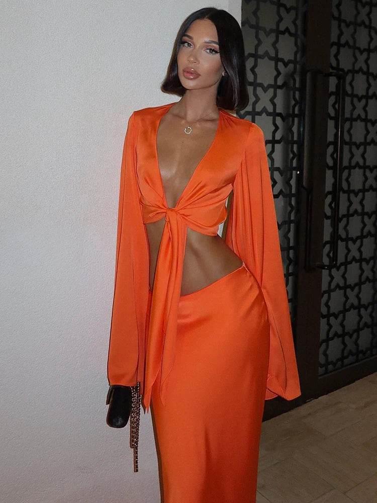 Huhugirl Sets Women Fashion Sexy Streetwear Solid Flare Sleeve Deep V-Neck Tracksuits (Tops+Long Skirts)Matching 2 Pieces Female - Empire P.E