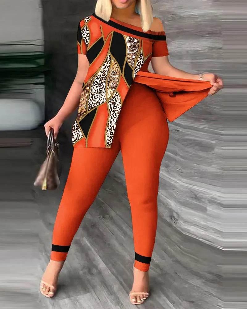 Elegant Women Two Piece Set Suits New Fashion Printed Ruffle Sleeve Top Solid Color Pants Set With Belt Blouses Female Clothing - Empire P.E