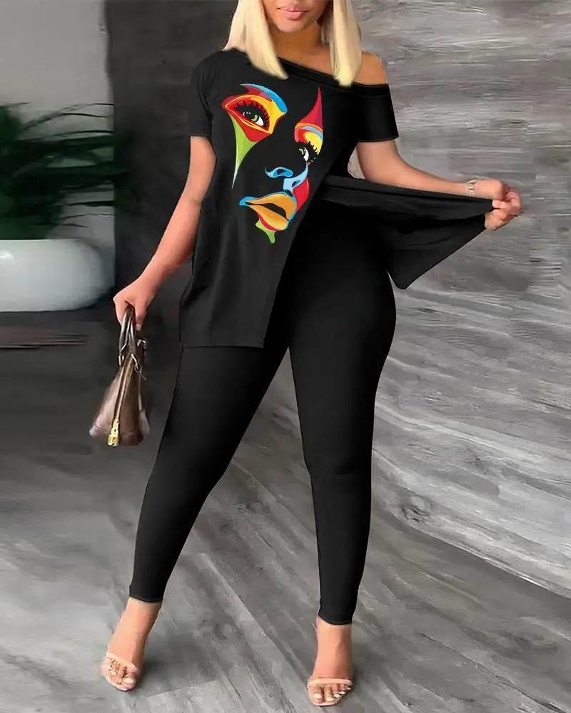 Elegant Women Two Piece Set Suits New Fashion Printed Ruffle Sleeve Top Solid Color Pants Set With Belt Blouses Female Clothing - Empire P.E