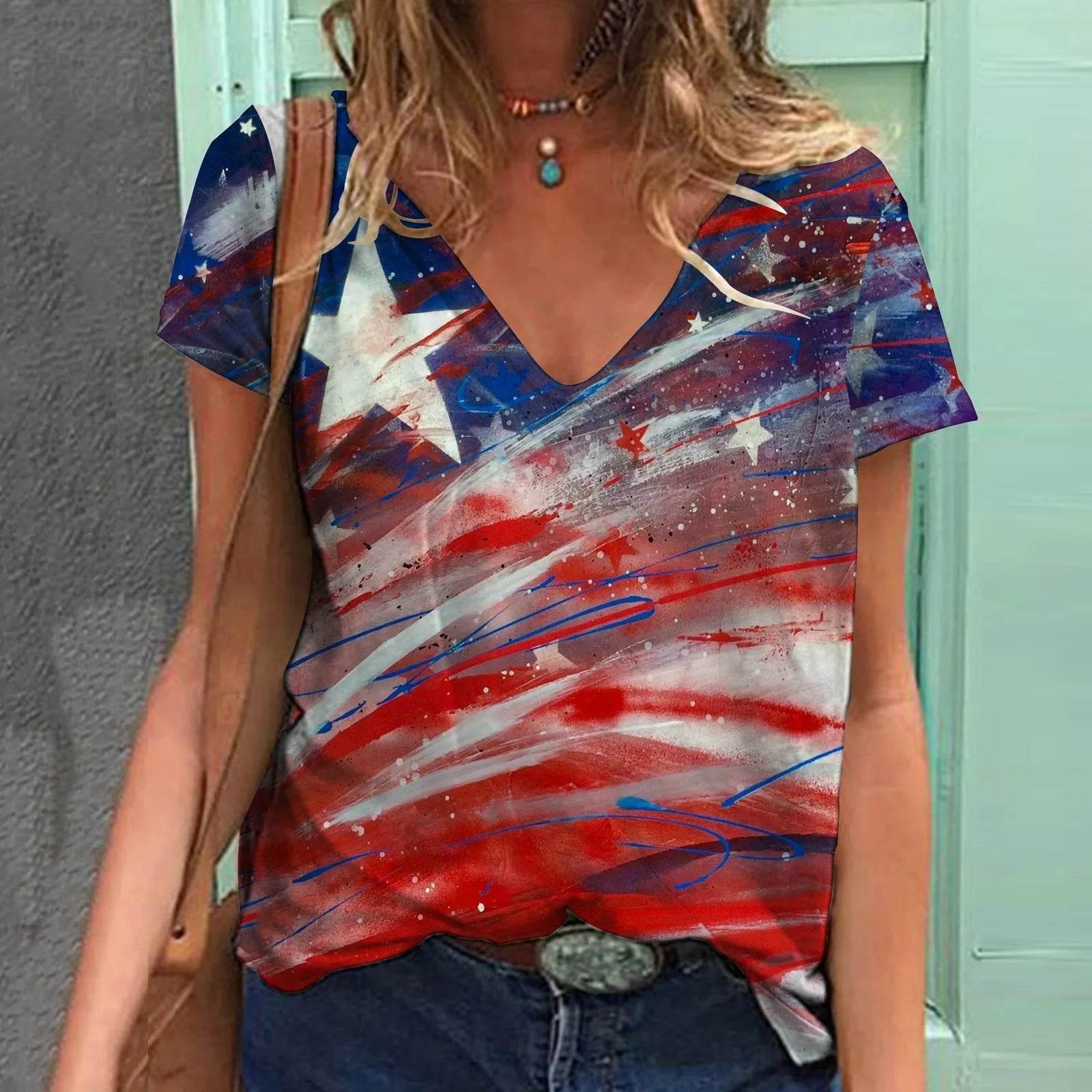Fashion Women's T Shirt USA Flag Print Harajuku T-shirt Summer 2023 Top Kawaii Tees V Neck Pluse Size American Lady Y2k Clothing - Empire P.E