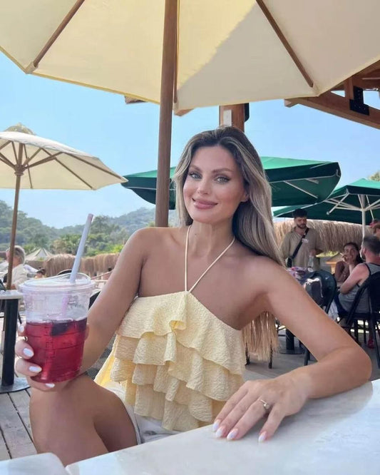 Textured halter crop top with ruffles Women's short yellow sleeveless top with sexy streamers for summer 2024 traf - Empire P.E