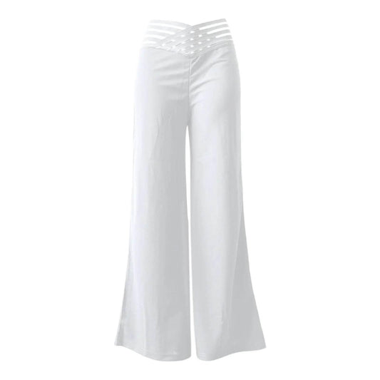 Women Flared Pants Elegant Office Lady Casual High Waist Trousers Spring Summer Solid Crisscross Sheer Mesh Patch Wide Leg Pant - Empire P.E