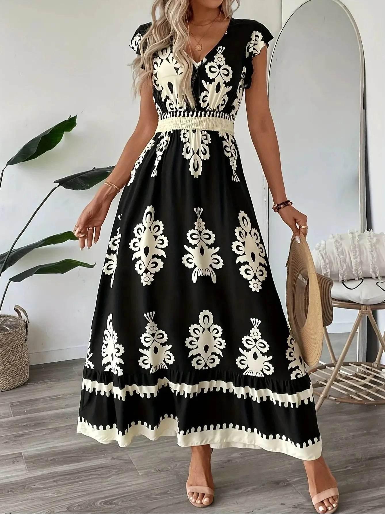 Plus Size Women Elegant V Neck Maxi Dress Geometric Pattern Short Sleeve Pleated Skirt Polyester Casual Outing - Empire P.E