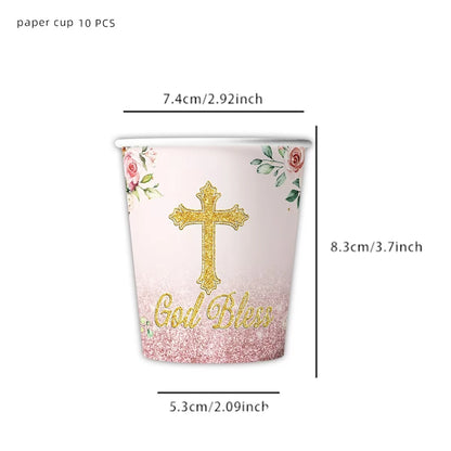 10Guests Pink Cross Baby Communion Party Supplies Flower God Bless Tableware Paper Plates Cups Baptismal Party Decor Baby Shower
