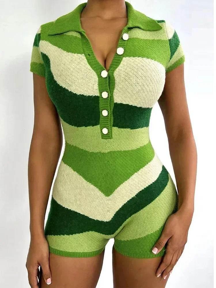 Laxsesu Irregular Contrast Romper Women Knit Stretch Polo Neck Single-Breasted Shorts Sleeve Skinny Slim Playsuits Streetwear - Empire P.E