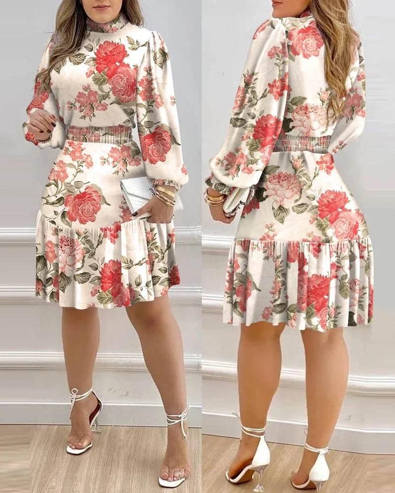 Autumn Women Floral Print Shirred Ruffle Dress 2022 Femme Casual Lantern Sleeve Robe Office Lady Dress Outfits Traf Vestid - Empire P.E