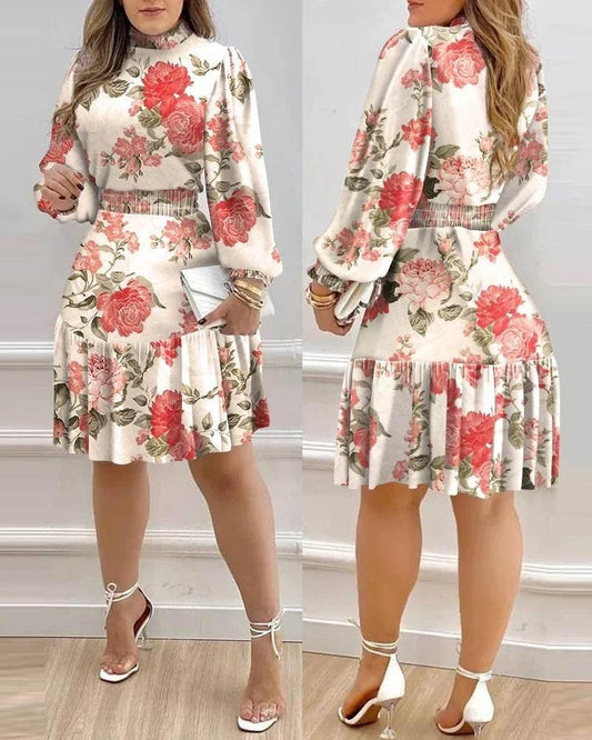 Autumn Women Floral Print Shirred Ruffle Dress 2022 Femme Casual Lantern Sleeve Robe Office Lady Dress Outfits Traf Vestid - Empire P.E
