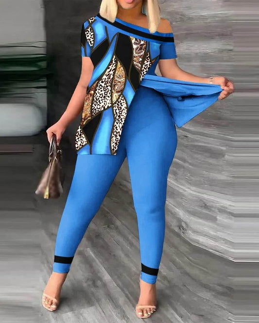 Elegant Women Two Piece Set Suits New Fashion Printed Ruffle Sleeve Top Solid Color Pants Set With Belt Blouses Female Clothing - Empire P.E