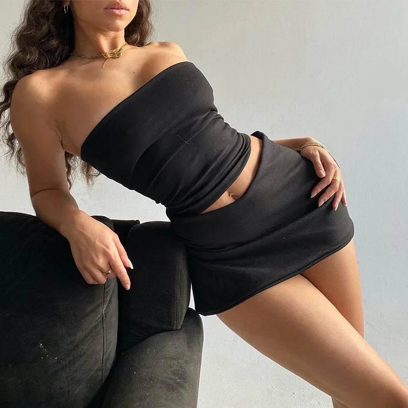 Hawthaw Women 2024 Summer Tube Tops Mini Skirts Party Club Two Piece Matching Sets Vacation Outfits Wholesale Items For Business - Empire P.E