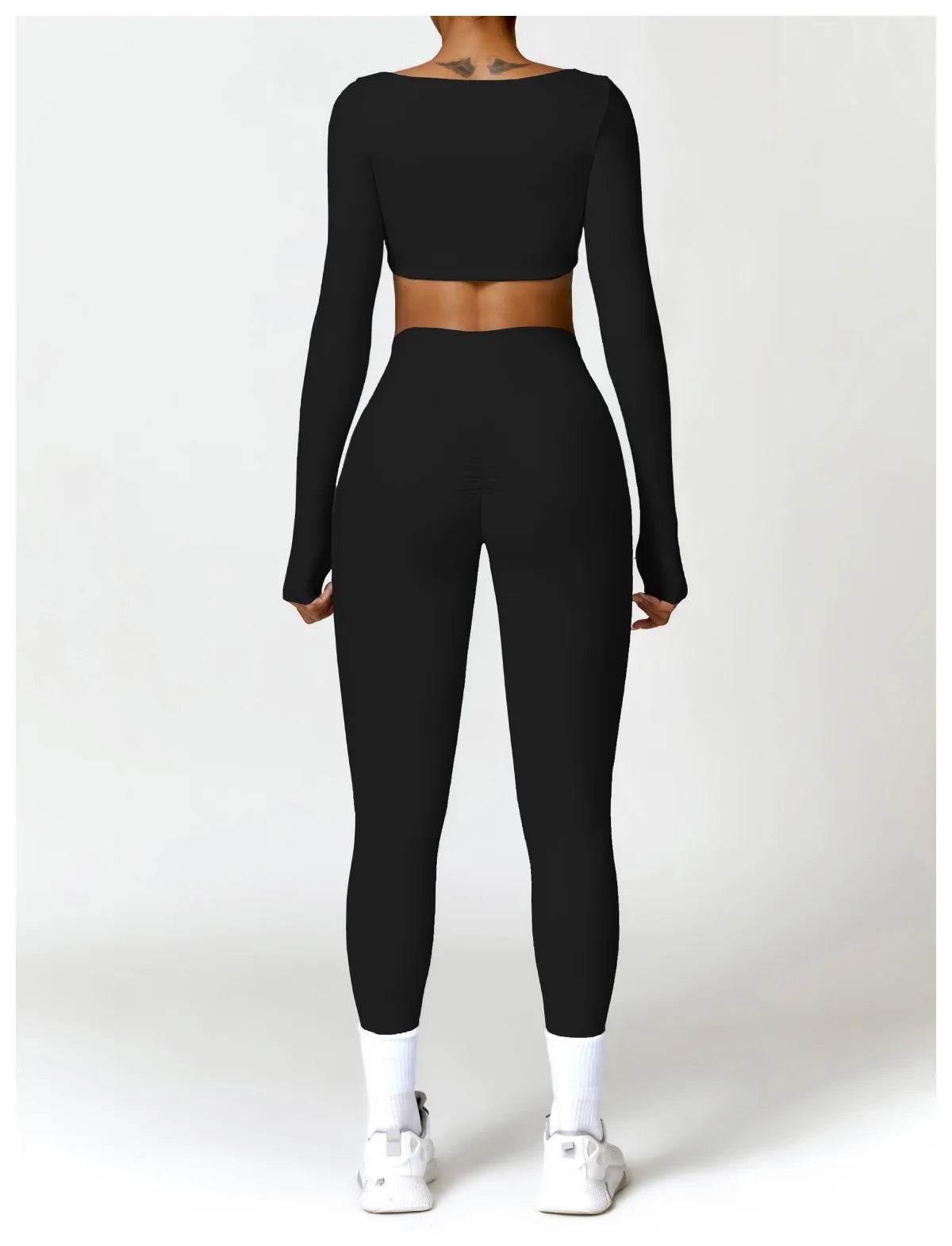 Hearuisavy 2PCS Long Sleeve Gym Set Women Yoga Clothes Quick-Drying Sportswear Running Leggings Workout Sports Crop Top Women - Empire P.E