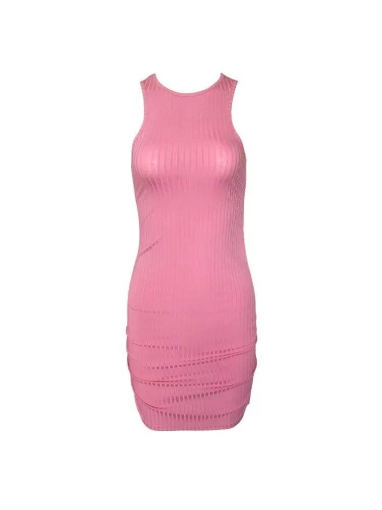 Sexy Stripes Thread Knitting Slim Bodycon Dress Women Sleeveless Solid Color Skinny Mini Dress Elegant Club Party Vestidos - Empire P.E