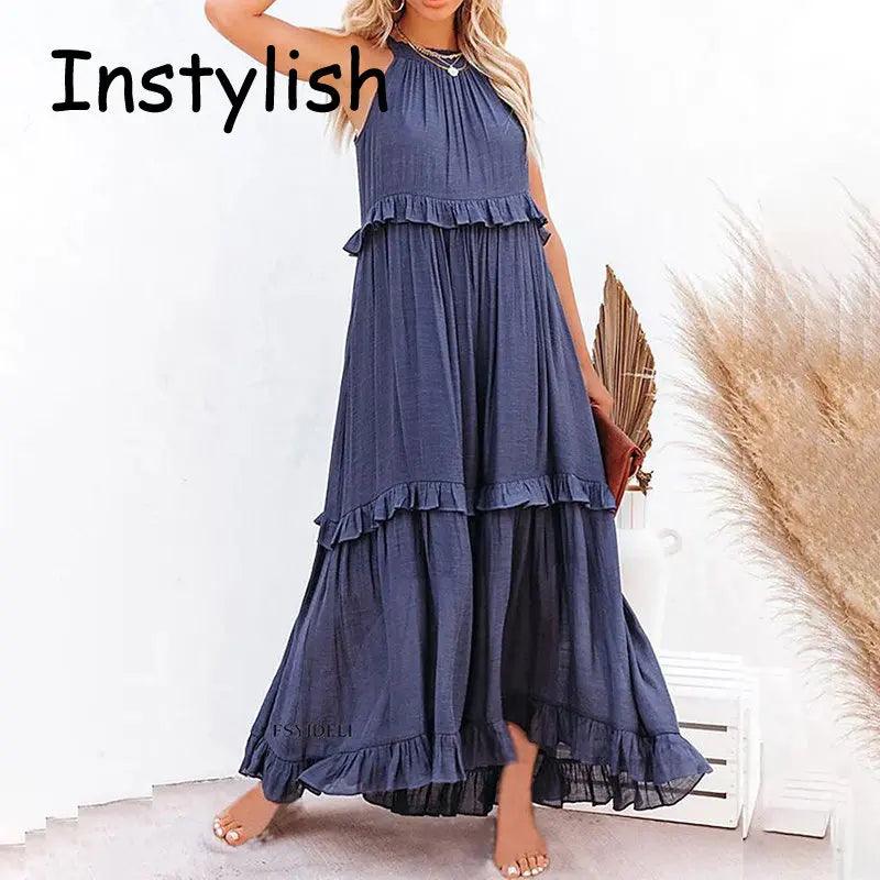 Women Casual Solid Ruffles Long Dress - Empire P.E