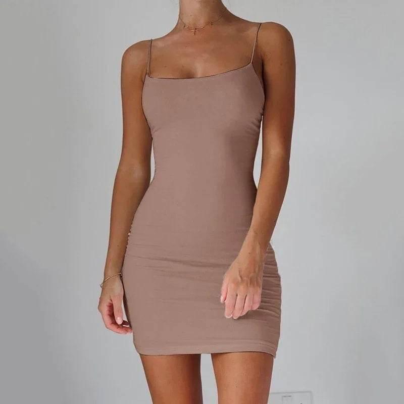 Summer Spaghetti Strap Mini Dress 2024 Women Sexy Bodycon Club Party Dresses Short Female Camisole Solid Black Sheath Sundress - Empire P.E