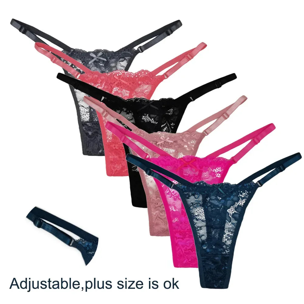 5 PCS/Set Adjust Waistband Sexy Lace Thongs Women Solid Color - Empire P.E