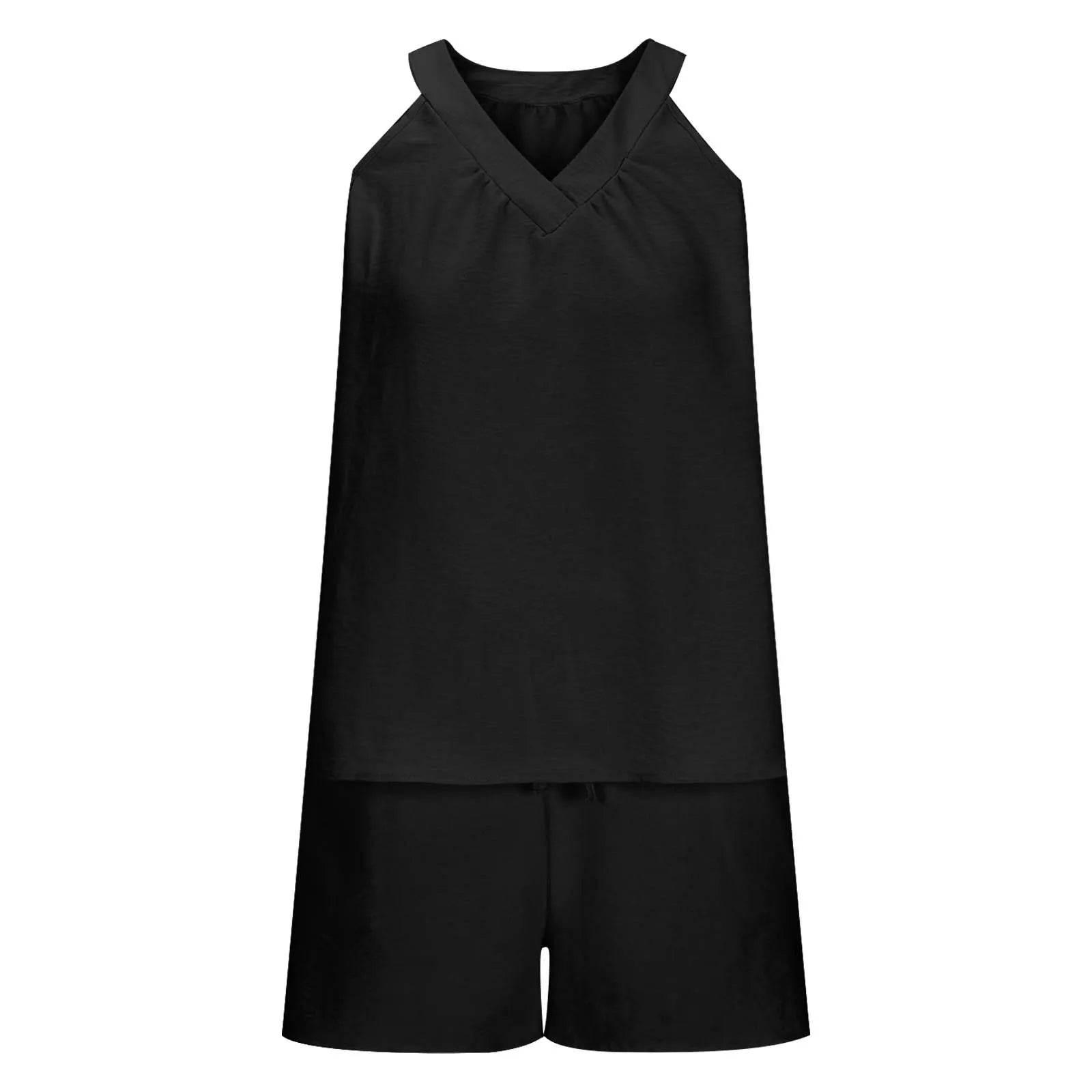 Women'S Summer Casual Suit New Urban Casual Women'S Solid Color Sleeveless Vest Elastic Shorts Home Clothes Two-Piece Set - Empire P.E