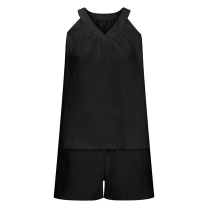 Women'S Summer Casual Suit New Urban Casual Women'S Solid Color Sleeveless Vest Elastic Shorts Home Clothes Two-Piece Set - Empire P.E