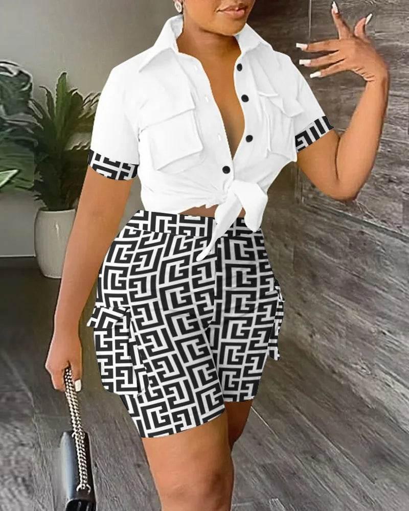 Pant Sets Women Printed Short Sleeved Shirt, 2-piece Suit With Pockets, Shoelace Top, Shorts, Thin Handbag, Summer - Empire P.E
