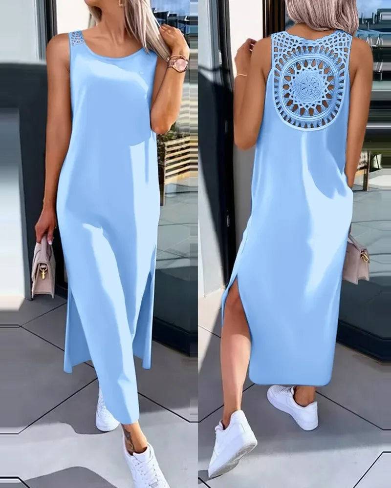 Hollow Out Solid Long Dress Women Fashion Sleeveless - Empire P.E