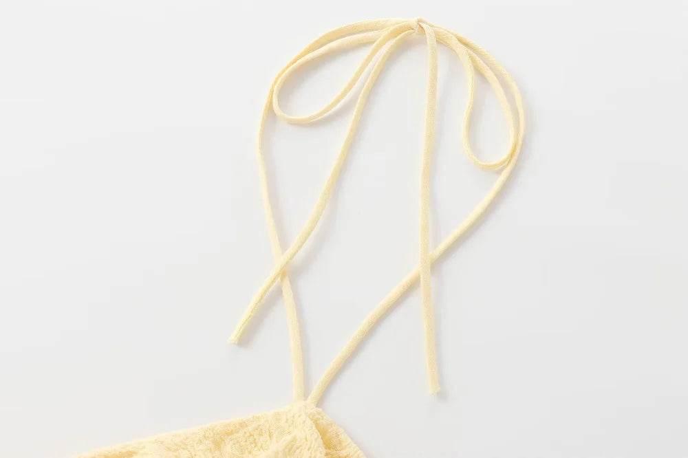 Textured halter crop top with ruffles Women's short yellow sleeveless top with sexy streamers for summer 2024 traf - Empire P.E
