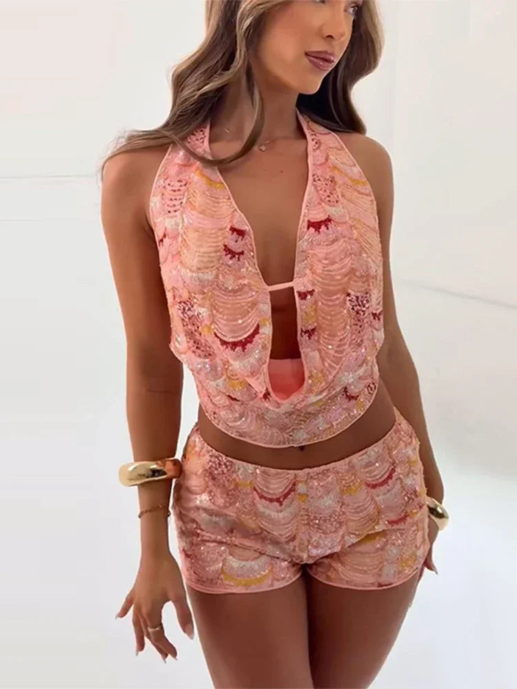 Print Women's Two Piece Suit Cowl-neck Sleeveless - Empire P.E