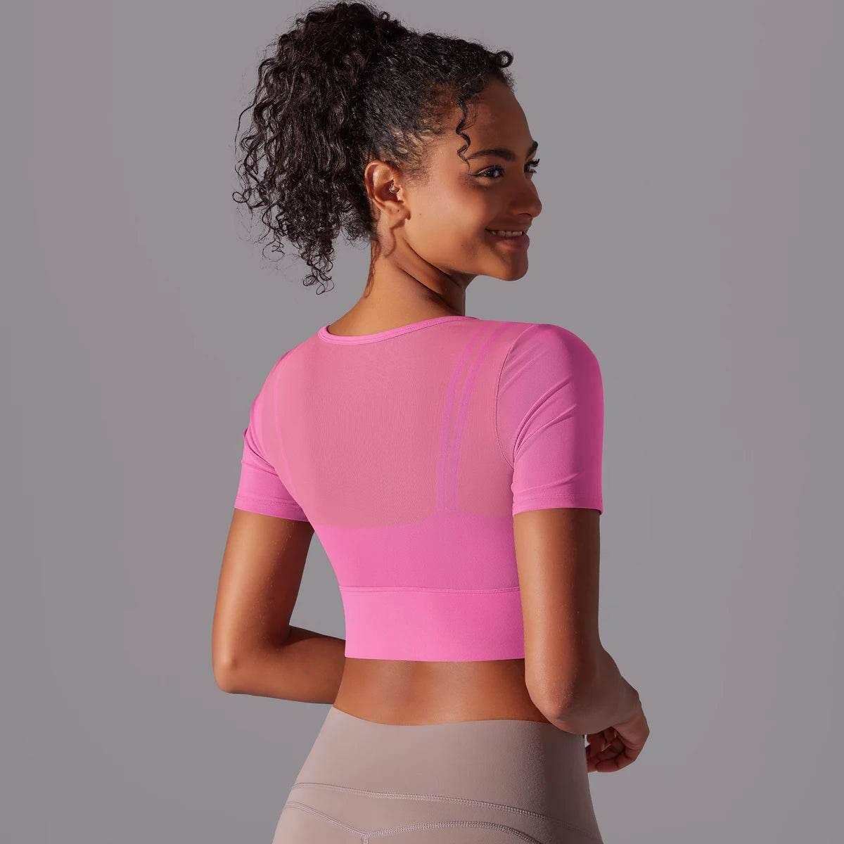 Solid Color Yoga Short Sleeve Sexy Double Layer Yoga Tank Top Spliced Mesh Yoga Clothing Top Fitness Running Sports Bra Women - Empire P.E